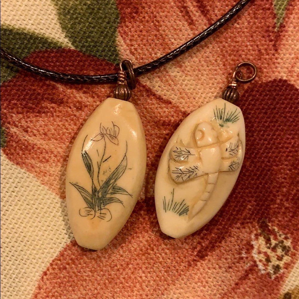 2/$15 Iris & Dragonfly Carved Bone Necklace ** 2 Sided